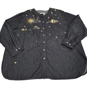 Quaker Factory~VTG~Black Charcoal Denim~Celestial Stars Moon~Button Down Top~1X~